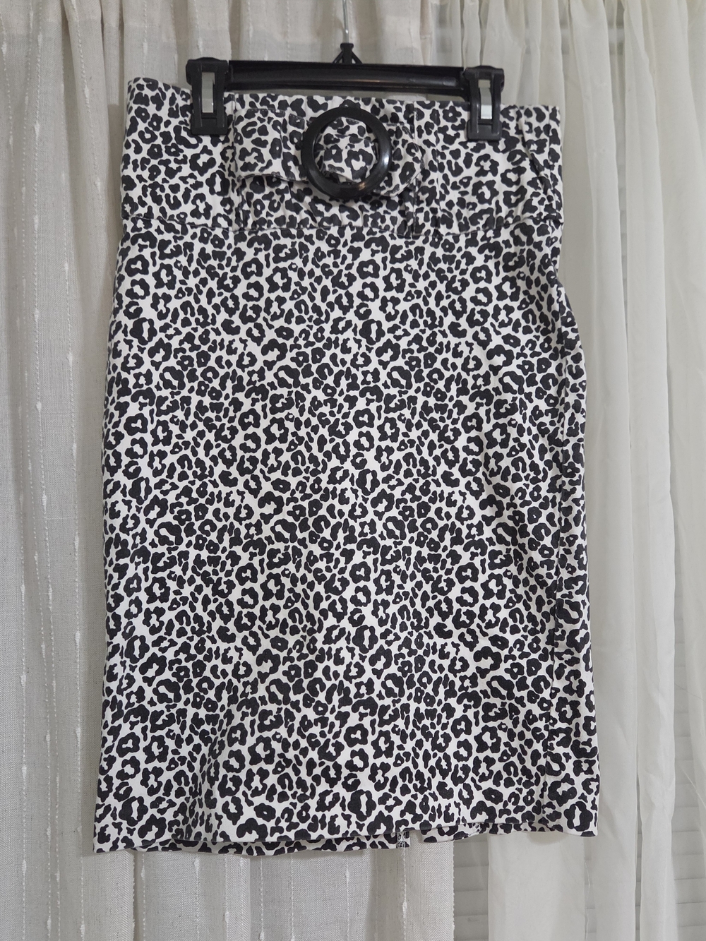 Women's Black & White Leopard Print Pencil Skirt with Belt